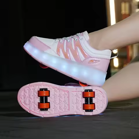 Women's Roller Skate Shoes with Wheels LED Racing Roller Skating 4 Detachable Wheels Speed Skates fo