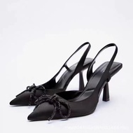 For のzaraˉzaraˉの ZA New Pointed Toe Black Brightly Decorated Bow High Heels Slingback Straps Shallow