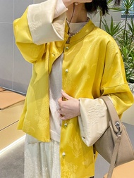 New Chinese Style Womens Tang Suit Chinese Style Song Brocade Button Top Yellow Jacquard Jacket 2024