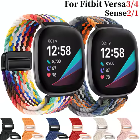 Nylon Braided Loop Strap For Fitbit Versa 4/3 Adjustable Metal Magnetic Bracelet Wristband For Fitbi