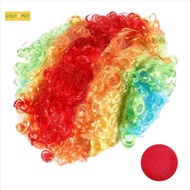Red Foam Clown Nose + Multi-colored Clown Wig for Masquerade Cosplay fancy dress.