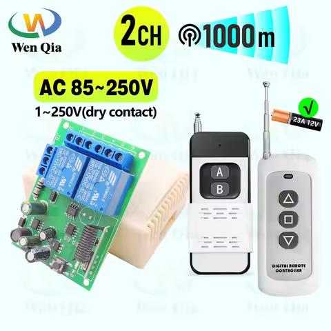 433MHz Wireless Remote Control Switch 2-CH AC 110V 220V Relay Module and 1000m Transmitter for Light