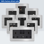 VISWE Switch Socket,3 pin 13A uk standard and universal wall socket with usb Stainless Steel panel,Black
