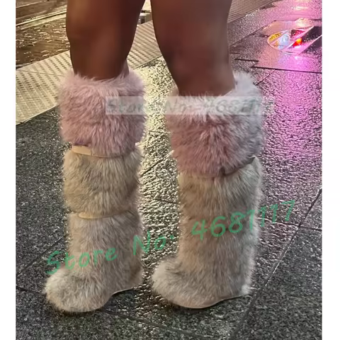 Colorblock Fur Platform Wedge Boots Women Sweet Belt Buckle Below The Knee Snow Boots Cool Girls Win
