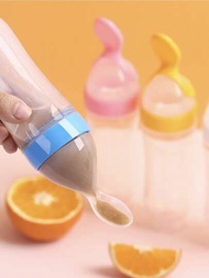 90ml/3oz 藍色矽膠擠壓奶瓶帶湯匙和吸盤、嬰兒湯匙餵食器、奶粉分配器