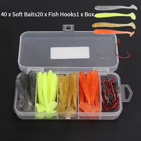 {YY30} 60 Pcs Outdoor Fishing T-Tail Road Runner Soft Bait Crank Hook Combo Set Fake Bait Set Fishin