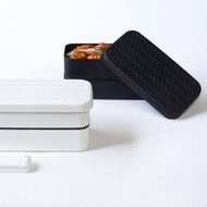 網代竹編花紋 單色長方形雙層便當盒 可用於微波 500ml 日本製