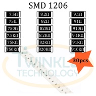 Resistor SMD 1206 7.5ohm,8.2ohm,9.1ohm,75ohm,750ohm,7.5Kohm,82ohm,820ohm,91ohm,910ohm,750Kohm,820Kohm,910Kohm 5% 30 pcs