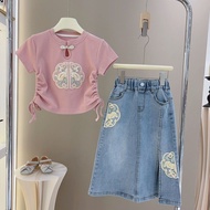 Girls Summer Suit 2024 New Style Medium Big Kids New Chinese Short-Sleeved T-Shirt Chinese Style Wes