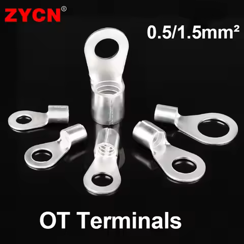 100PCS Cable Wire Connector Crimp OT 0.5/1-4 1.5-6 Non-Insulated Ring O-Type Tin-Plated Brass Termin