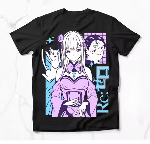 2026 Re:Zero T-shirt, Black Cotton Tee With Emilia Pack & Subaru Natsuki Collage Art Print, Oversize