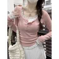 77905 Contrast Color Lace Floral Button Pleated Long Sleeve T-Shirt