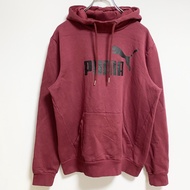 古著PUMA長袖正面標誌印花連帽套頭衫，酒RED，M 碼，適合秋冬穿著。