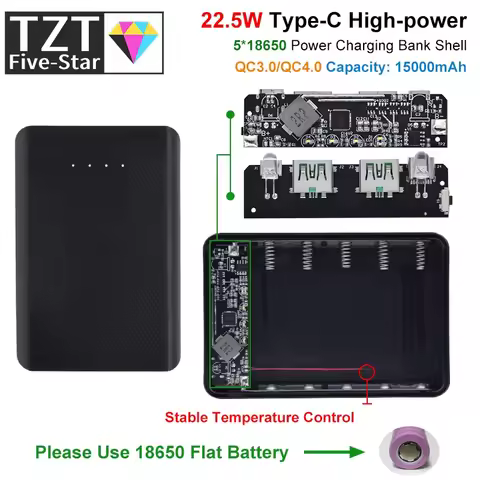 QC4.0 QC3.0 Dual USB Micro/Type-C USB 5*18650 power bank battery Box 5V 4.5A 22.5W 15000mAh Mobile P