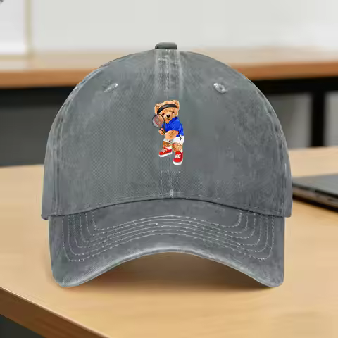 Teddy Bear Playing Badminton Print Sun Baseball Cap for Young Men And Women Design Trucker Hat Summe