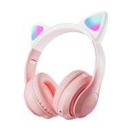 Noise-Cancellation Headset Over Ear Bluetooth-Compatible Headset Cute Cat Ears Gaming Earbuds Power Display Stereo