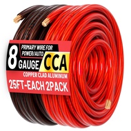 8 Gauge 25ft Each-Black/Red CCA Wire, Low Voltage Primary Automotive or Ground Cable, Battery Cable,