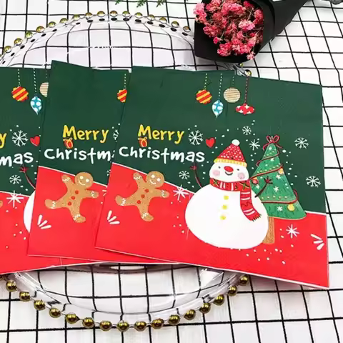 20pcs 33cm 2Layer New Christmas Elements Napkins Snowman Christmas Tree Green Red Party Towels DIY D