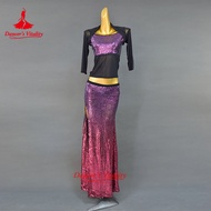 Women New Belly Dance Set Oriental Dance Dance Competition Sequin Costume Top+Fishtail Skirt 2pcs gy