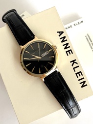 Anne Klein Watch 3824BKBK Black Round Day &amp; Date Dial Black Leather Strap for Women