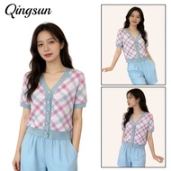 Qingsun Women's Light Color Knitted Short Sleeve V-Neck Crop Top Buttoned Plaid Slim Fit Suitable Fo