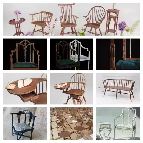 1/6 DollHouse Chair Miniature Nordic Retro Armchair Bjd Angel Carved Pattern Medieval Table and Chai