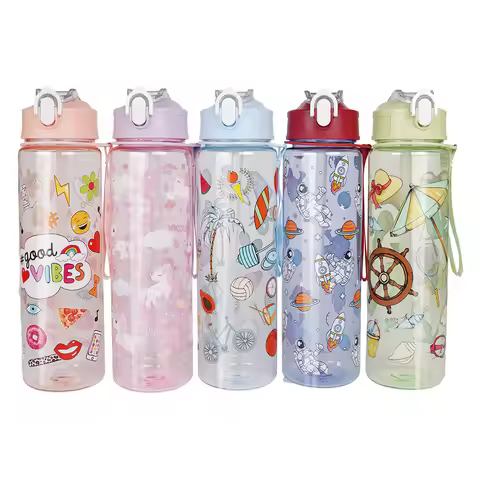 Cartoon Plastic Water Bottle Transparent 750ml Drink Bottle Macaron Shades with Carry Strap Perfect 