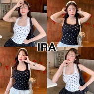 BY IRA ️ Sleeveless Tank Top Polka Dot Pattern With Lace Trim Super Cute Embroidery On The Chest