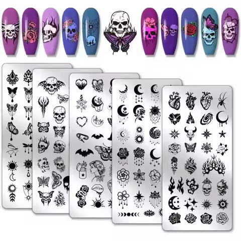5pcs Skull Nail Stamping Plates Gothic Styles Nails Stencils Moon Star Manicure Art Templates Butter