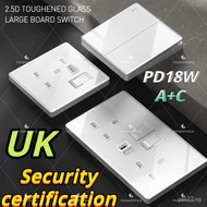 [Full Screen Glass]Safety Certification, Modern Large Plate Frameless Design Home 16A 1/2/3/4 Way Light Switch Wall 13a Power Supply USB Socket 3 Pin Plug Socket 15A 20A 45A Air Co