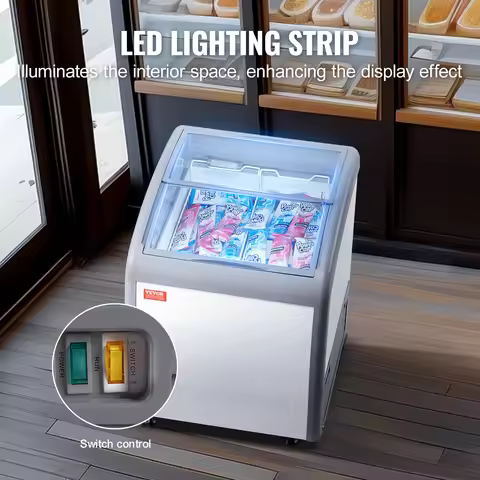 SucceBuy Commercial Ice Cream Display Case Chest Freezer Mobile Glass Top Deep Freezer Restaurant Ge