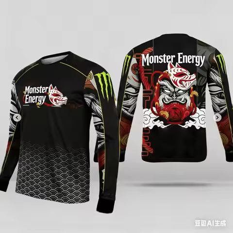 Monster Energy Style Japanese Fox Mask Samurai Racing Check Long Sleeve 3D Print Casual Sportswear