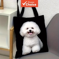 1PC Elegant Bichon Frise Puppy Tote Bag - White Dog Print on Black Suitable for Home Decor, Gift, Ca