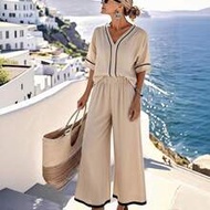 Women's Summer Elegant 2 Piece Linen Set,Cream And Black Color-Blocked Top&Long Pants,Holiday Vacati