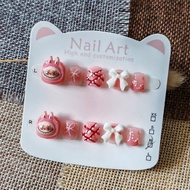nails fake nails Bow Pink labubu Wearing Nails Children 3-6-11 Years Old Children Cute Cartoon labub
