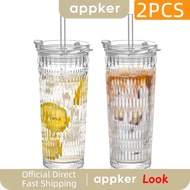 2PCS Iced Coffee Glassware, Beverage Cup, Straw Cup with Vertical Stripe Glass Cup, Water Cup, Iced 