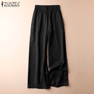 ZANZEA กางเกงขายาวผู้หญิงกางเกงเอวยางยืดลำลองมีกระเป๋าข้าง