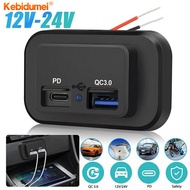 Kebidumei Dual USB Car Charger QC3.0+PD 12V/24V USB Power Adapter for Motorcycle Camper Truck ATV Boat Car RV