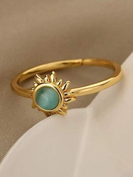 1 件時尚金色不銹鋼太陽和藍色貓眼石開口戒指適合女士派對珠寶禮物