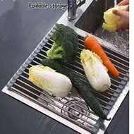 1pc Stainless Steel Retractable Dish Drying Rack, Placed Above Sink, Black And Gray, Multifunctional