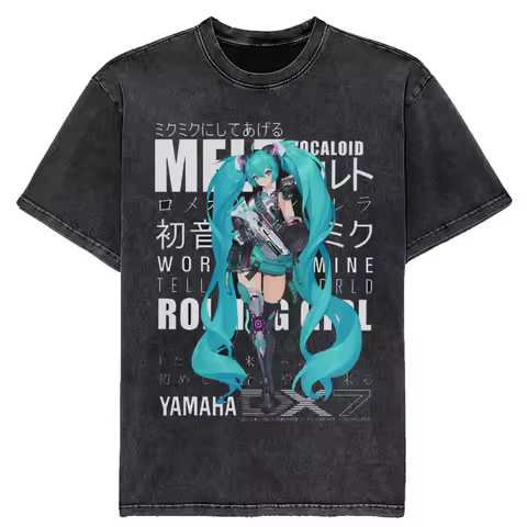 New 2025 Japanese Hatsune Miku Anime Printed Washed Cotton Retro Distressed Short-Sleeved Unisex T-S