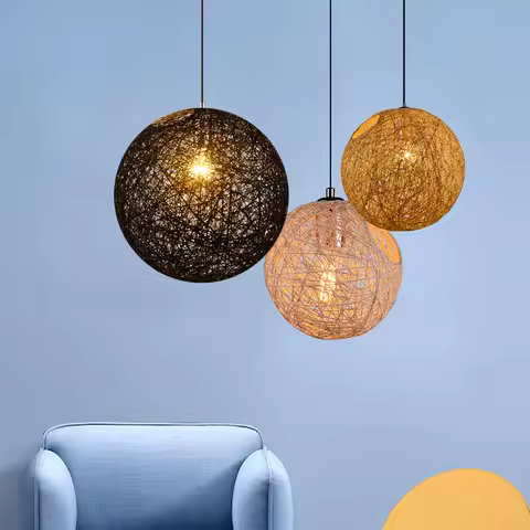 Nordic Hemp Ball Pendant Lamp Modern Rattan Art Ball Hanging Lights Creative Living Dining Room Bedr