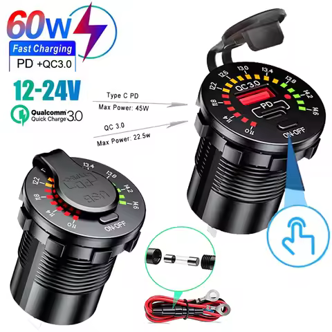 12V/24V QC 3.0 Charger with LED Voltmeter ON OFF Switch Car Charger Waterproof 45W Type C PD Outlet 