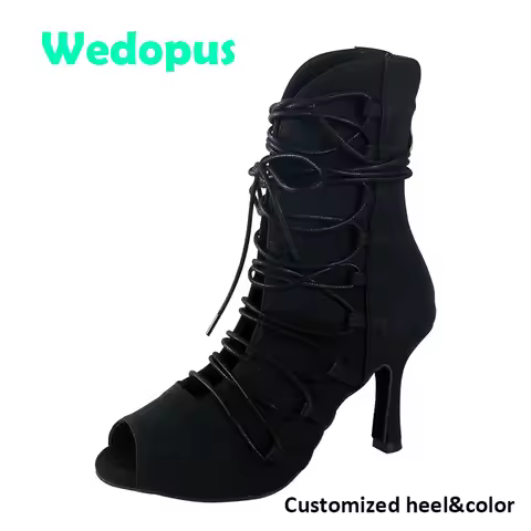 Wedopus Customized Black Dance Heels Boots Woman Suede Sole Latin Peep Toe Dance Boots Heels