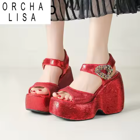 ORCHA LISA 2025 Fashion Bling Women Sandals Crystal Hook&Loop Wedges 12cm Platform Hill Plus Size 41
