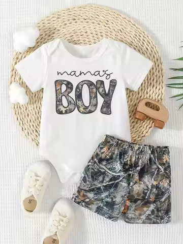 Summer Baby Boy Camo Bodysuit & Shorts 2-Piece Set, Stylish & Versatile for a Handsome Look