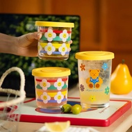 Glass With Yellow Lid Rainbow Flower Pattern Cute Bear Design Vacuum