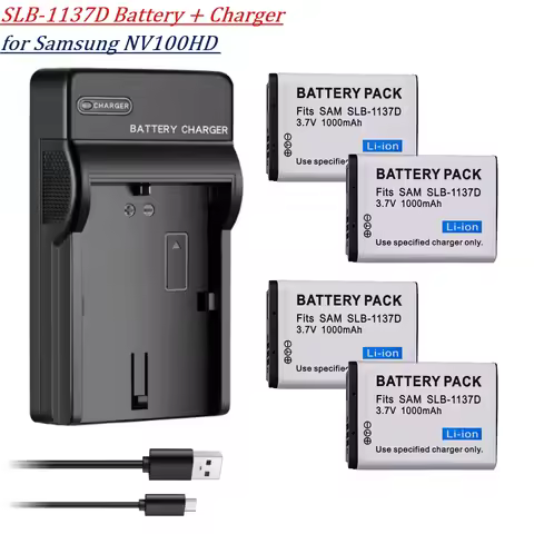1000mAh SLB-1137D Camera Battery + Charger for Samsung NV100HD TL34HD NV106 HD I85 I100 L74 I80 NV1 