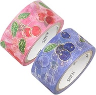 Kamiiso Sansho UR-1070 Masking Tape SAIEN Fruit Time, Set of 2 Patterns (1 each of Cherries and Blue