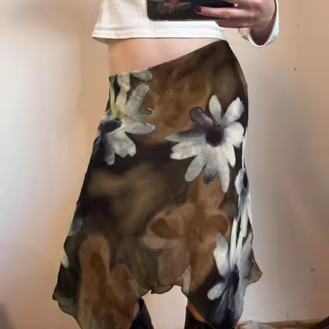 SUCHCUTE Y2K Floral Print Mesh Asymmetrical Skirt Woman Low Rise Midi A-line Skirts Aestheics 2000s 